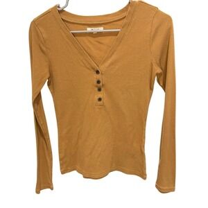 Madewell Mustard Yellow Ribbed Long Sleeve Henley V-Neck Top Small